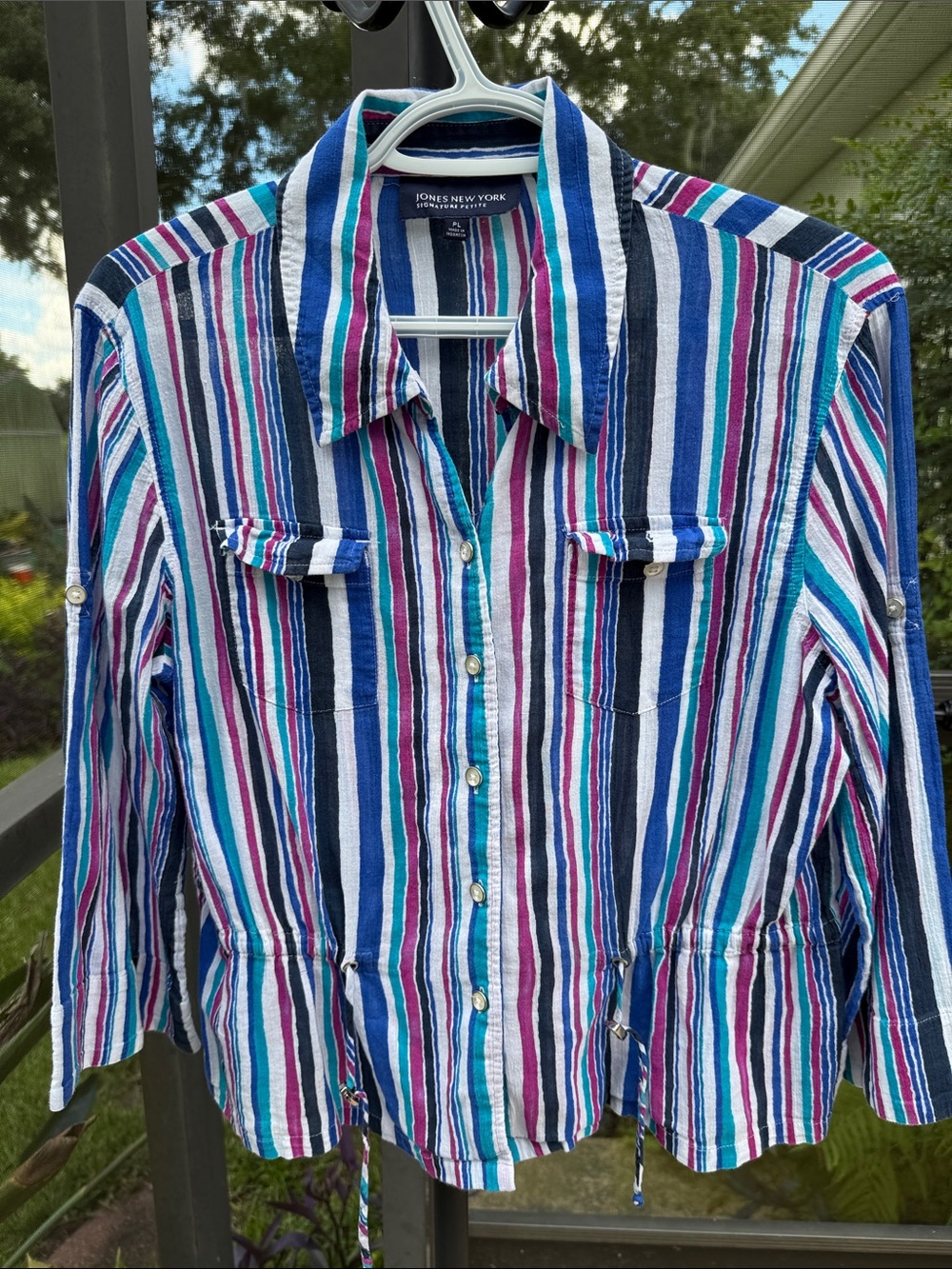 Jones New York cotton Blue, Teal, Pink & White Striped Button-Down Shirt